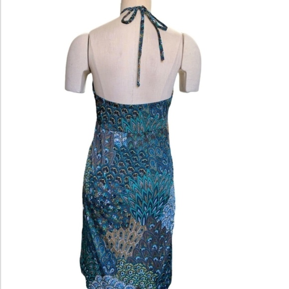 Hypnotik Halter Dress Beaded Strap Sz L Exotic Peacock Floral Print #252G - Picture 3 of 7